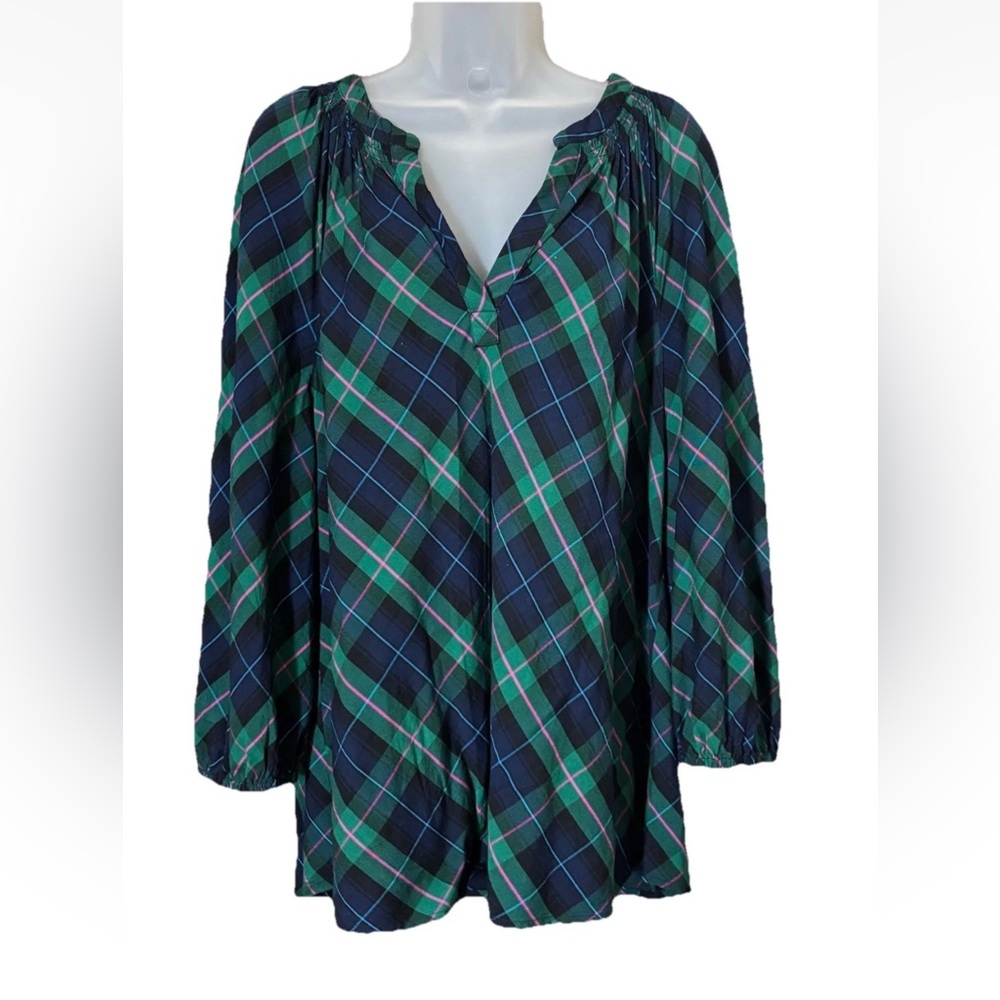 CROWN & IVY Size XL Lightweight Green Blue Plaid Rayon Top Womens Classic Blouse